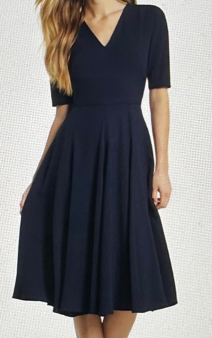 Gal Meets Glam Edith Crepe Midi Dress V-Neck Fit Flare Navy Blue Size 12 New